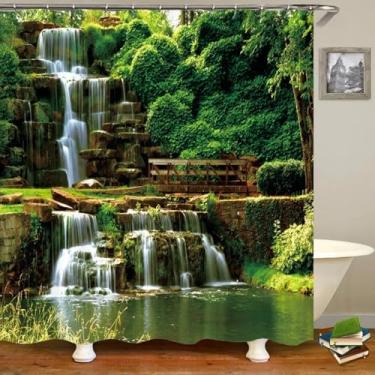 Imagem de Cortina de chuveiro florestal com impressão 3D moderna, planta verde, árvore, paisagem cortina de banho com ganchos para banheiro, cenário impermeável, 102 x 225 cm/LxA, cortina de chuveiro de tecido