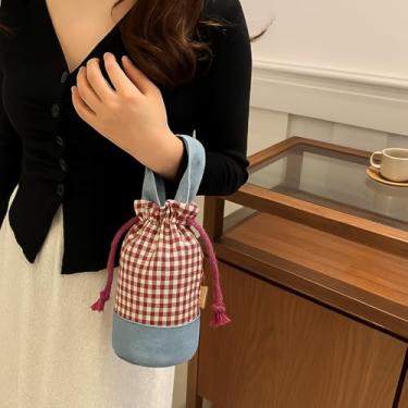 Imagem de Bolsa para copo de tecido xadrez coreano – Bolsa balde retrô de algodão e linho, bolsa portátil para garrafa de água, Vermelho