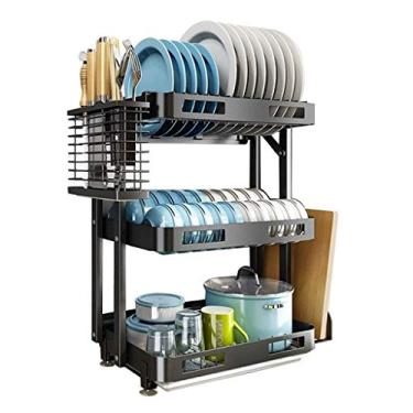 Imagem de Escorredor de cozinha dobrável montado na parede com 3 camadas de aço inoxidável preto com bandeja de gotejamento/suporte de faca para pauzinhos pendurados