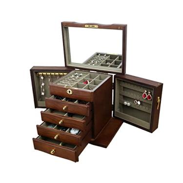Imagem de Caixa de joias de madeira de 5 camadas, multifuncional, organizador de joias de grande capacidade com cadeado para colar, brincos e pulseira (branca) (marrom)