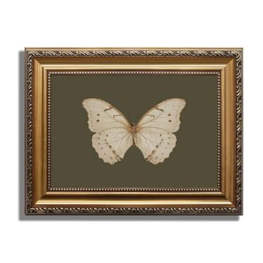 Imagem de KBKBART Arte de parede vintage emoldurada a ouro, pinturas a óleo de borboleta clássicas, impressões em tela de inseto mal-humorado escuro, imagens de decoração de parede para quarto, banheiro