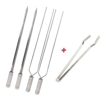 Imagem de Kit 4x Espetos Inox 40cm Espada, Duplo E Pegador De Carnes - LAURINDOS
