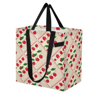 Imagem de SEHANY Sacola de compras reutilizável de cereja fofa com alças reforçadas, bolsa de compras de lona dobrável à prova d'água de grande capacidade para viagem, cozinha, praia