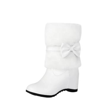 Imagem de Botas femininas de inverno com design que aumenta a altura e laço fofo, com salto super para uso casual, Branco, 35