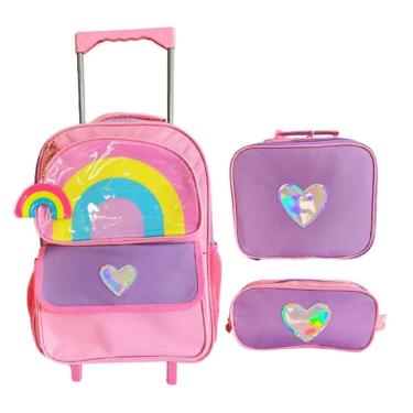 Imagem de Kit Mochila Yins Escolar De Carrinho Infantil Menina + Lancheira + Estojo Kit Rainbow -...