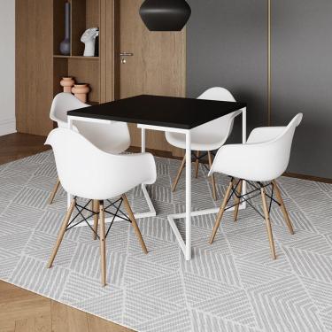 Imagem de Mesa Jantar Industrial Quadrada 90Cm Preta Base V Ferro Branco Com 4 Poltronas Brancas Cor: Preto