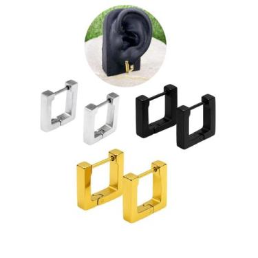 Imagem de Brinco Argola 10Mm Unissex Quadrado Preto Prata Dourado Aço - Visujóia