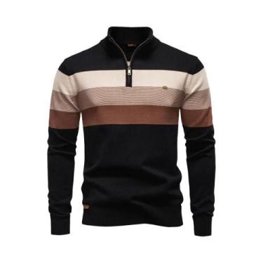 Imagem de Suéter Masculino De Algodão Com Zíper E Gola Alta Em Patchwork, Quente