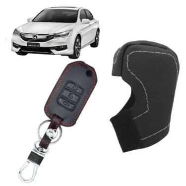 Imagem de Kit Capas Couro Manopla Câmbio Automático + Chave Canivete Civic Accor