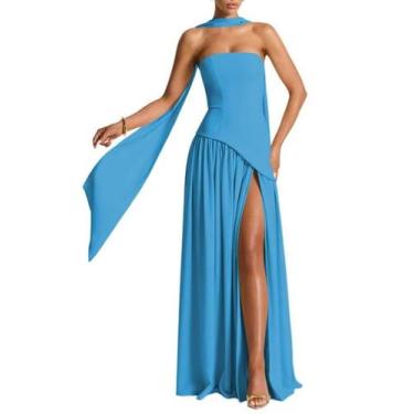Imagem de Vestido de dama de honra PUXIU azul oceano, cetim, sem alças, US14