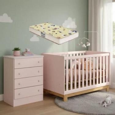 Imagem de Quarto De Bebê Berço Colchão E Cômoda Slim Padrão Americano Rosa Aceti