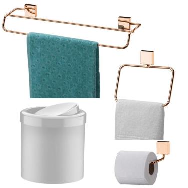 Imagem de Kit Banheiro Rosé Toalheiro Duplo + Porta Toalha + Papeleira + Lixeira Basculante - Future