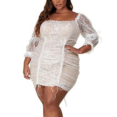 Imagem de Vestido vintage floral de renda para coquetel manga 2/3 retrô vintage vestido lápis festa casamento convidado vestidos casuais, branco, 3GG (busto 124 cm)