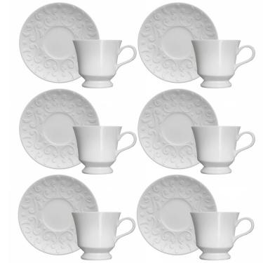 Imagem de Conjunto 6 Xícaras de Chá com Pires 80ml Porcelana em Relevo Tassel Germer Branco