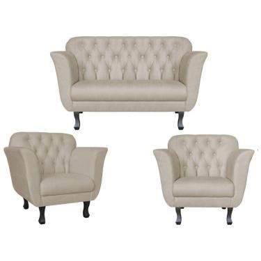Imagem de Kit Namoradeira + 2 Poltronas Decorativa Dália Suede Bege Pés Madeira Ms Decor