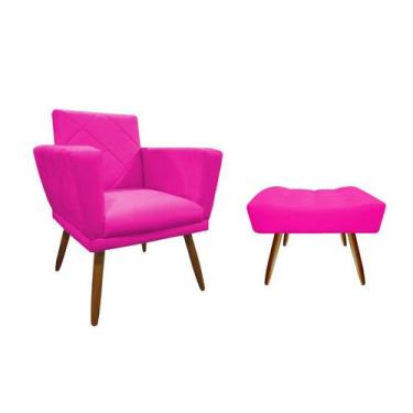 Imagem de Kit Poltrona Decorativa Samanta + Puff Retangular Couro Rosa Pink Pés