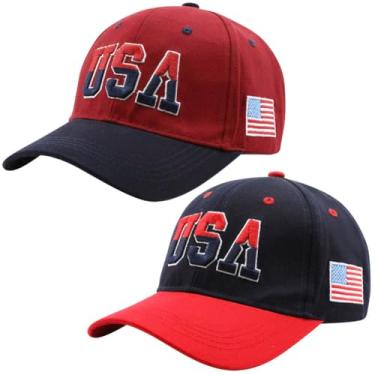 Imagem de BAOZOON 2 peças chapéus EUA bandeira americana boné de beisebol ajustável bordado patriótico boné de beisebol boné de caminhoneiro para homens mulheres, Azul-marinho, vermelho, Tamanho Único