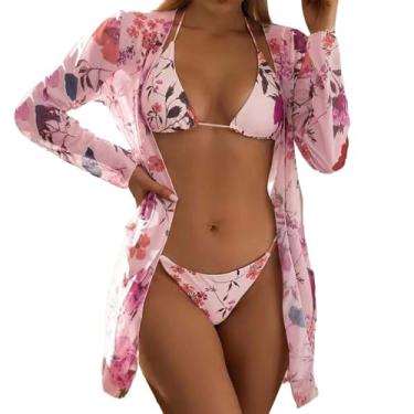 Imagem de Biquíni feminino de 3 peças, alças finas, cintura alta, estampa floral, triângulo, frente única, roupa de praia, rosa, P