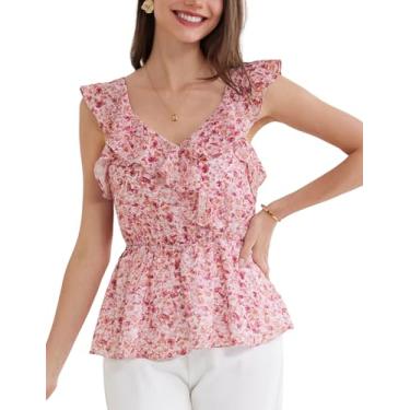 Imagem de GRACE KARIN Camiseta regata feminina floral verão 2024 casual sem mangas gola V babados, Floral-vermelho, G