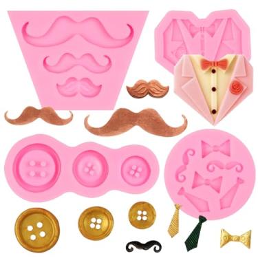 Imagem de Molde de silicone para o dia dos pais, 4 peças, molde de fondant para barba do pai, molde de chocolate com botão para decoração de bolos, topper de cupcake de doces, picolé, artesanato de argila de