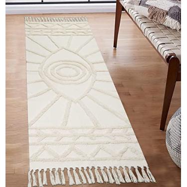 Imagem de Uphome Tapete de corredor de corredor 6 x 18 cm bege olho turco tufado tapete boho com borlas macio algodão tecido tapetes de cozinha moderno minimalista tapete para quarto sala de estar lavanderia varanda