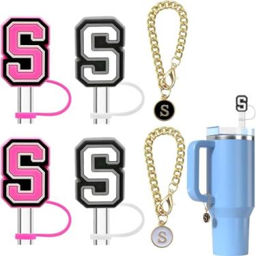 Imagem de Haundry Pacote com 4 capas de canudo para copo Stanley, tampa de palha reutilizável de 10 mm com 2 peças de acessórios de pingente de letra inicial para copo Stanley com alça, rosa branco P