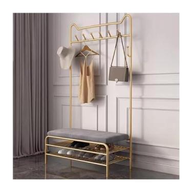 Imagem de Banco de sapato Hall Tree com armazenamento, cabide de entrada 3 em 1, banco industrial com ganchos 6/8, prateleira de armazenamento de 3 camadas, assento estofado de veludo, estrutura de metal