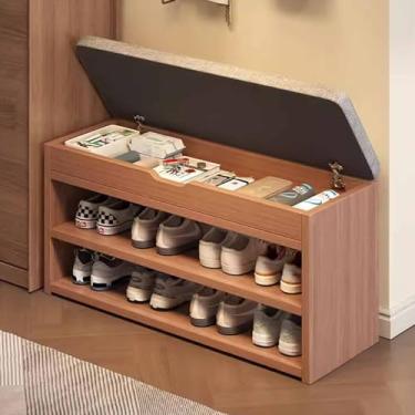 Imagem de Banco de armazenamento de madeira com almofada de assento, baú de armazenamento de sapatos para entrada, sala de estar, quarto