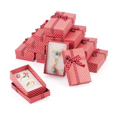 Imagem de Boutigem Pacote com 12 caixas de presente de joias vermelhas com tampas de laço, caixas de joias vazias com esponja interna, estojo de presente de papelão retangular pequeno para festival,
