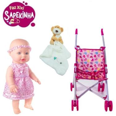 Imagem de Kit Boneca Mágica Faz Xixi Sapeka + Naninha Urso + Carrinho - Milk Bri