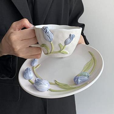 Imagem de OLizee® Copo de cerâmica tulipa pires xícara de café conjunto de pires caneca de café com alça xícara de chá com pires prato de xícara de café expresso para decoração de mesa de jantar azul