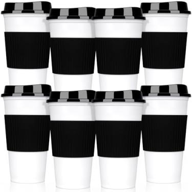 Imagem de FillTouch 8 peças de xícaras de café reutilizáveis com tampas e mangas caneca de café de 473 ml, copos quentes de plástico a granel com tampas e capa protetora de silicone para viagem com bebida