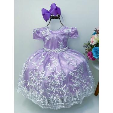 Imagem de Vestido infantil lilás c/ renda branca realeza cinto pérolas - enjoy, 