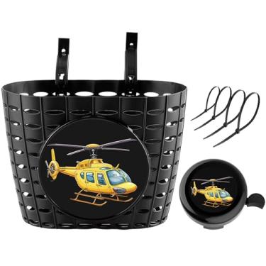 Imagem de Cesta de bicicleta para meninos com sino, cesta de guidão frontal de bicicleta fofa para crianças, bebês, cesta de scooter de plástico (helicóptero)