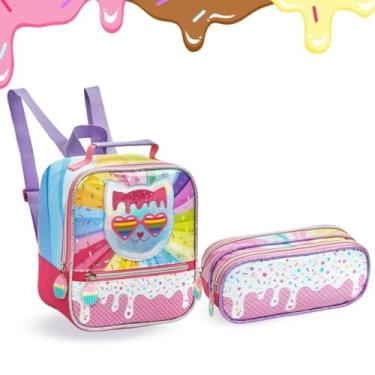 Imagem de Kit Lancheira Térmica e Estojo Escolar Holográfica Gatinha