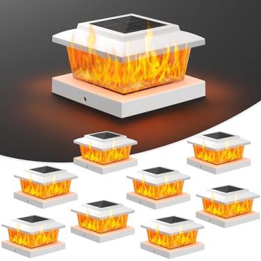 Imagem de VOLISUN Pacote com 8 lâmpadas de poste de cerca solar, tampa de poste de deck solar branca à prova d'água, iluminação LED SMD de chama cintilante de alto brilho, para poste de vinil 4x4 de madeira/4x4