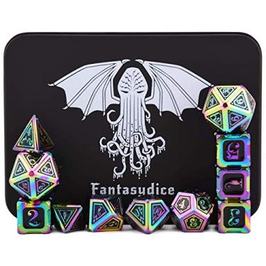 Imagem de Conjunto de 11 dados de metal poliédrico arco-íris Cthulhu Caixa de metal Cthulhu para Dungeons and Dragons (Edição D&D, DND 5) Call of Cthulhu Warhammer Shadowrun e todos os jogos de mesa. (Rainbow Cthulhu)