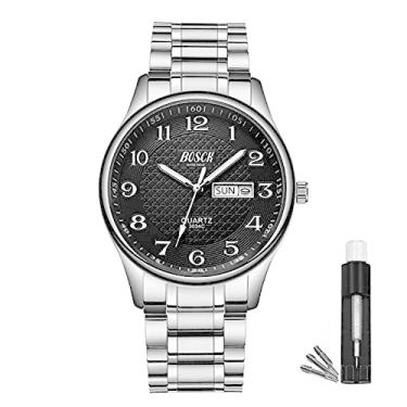 Imagem de BOSCK Relógio masculino casual, analógico, de aço inoxidável, 30 m, à prova d'água, moderno, relógio de pulso para homens, data e dia de quartzo, relógios de pulso esportivos de fácil leitura, Prata - Preto