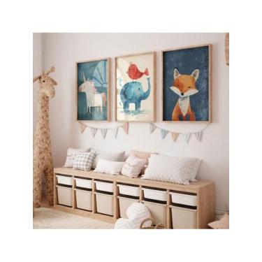 Imagem de Kit Quadros 3 Peças Decorativos Infantil Unicórnio Elefante e Raposa C