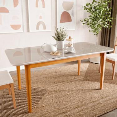 Imagem de Mesa De Jantar 8 Lugares 2,10m Tampo Mdf E Vidro Pés Madeira