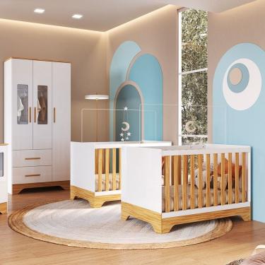 Imagem de Quarto de Bebê com 2 Berço Mini Cama Guarda Roupa 3 Porta 2 Gavetas com Janela Popy Retrô Peroba