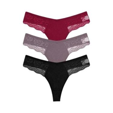 Imagem de Calcinhas Tangas de Renda e Algodão - 3 Peças - Cintura Baixa, L, Conj