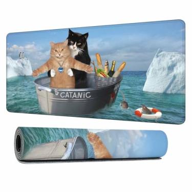 Imagem de Y YIHANGBEST Mouse pad engraçado gatos em um barco piquenique no mar Titanic Paródia XL Gaming Mouse Tapete de teclado para mesa, computador, escritório, casa 35 x 15 cm