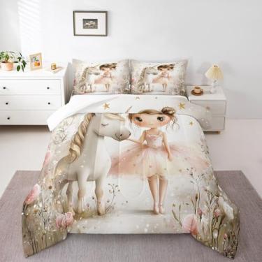 Imagem de Erosebridal Conjunto de edredom infantil fofo kawaii com estampa de bailarina de unicórnio e 2 fronhas