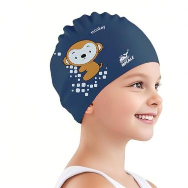 Imagem de Touca de natação infantil com estampa de animal fofa adequada para meninos e meninas de 3 a 16 anos de idade (estampa de macacos)