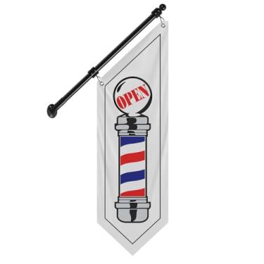 Imagem de QSUM Bandeira de parede de barbearia, placa externa de lona dupla face com poste de aço inoxidável e suporte de parede, banner de barbeiro suspenso à prova de intempéries para corte de cabelo - 30,5 x