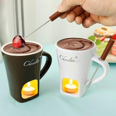 Imagem de Pacote com 2 canecas de fondue de chocolate, kit de copos de fondue doce, caneca de derretimento de chocolate, copo de fondue de chocolate, conjunto de panelas de fondue de cerâmica com garfos para