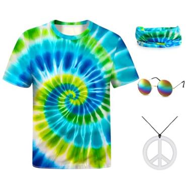 Imagem de kooirsp Fantasia hippie para homens e mulheres, conjunto de roupa masculina dos anos 60 e 70, colorido, hippie, óculos de sol, faixa de cabeça, colar de paz, Azul, verde, XXG