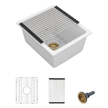 Imagem de Fulorni Pia de preparação de barra de montagem inferior de 38 x 45 cm – lavatório de pia de quartzo composto de granito branco clássico sob balcão para bar molhado, trailer, cozinha pequena, casa