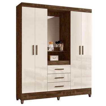 Imagem de Guarda Roupa Casal Capelinha Capri 4 Portas Castanho Wood Off White Com Espelho - Moval